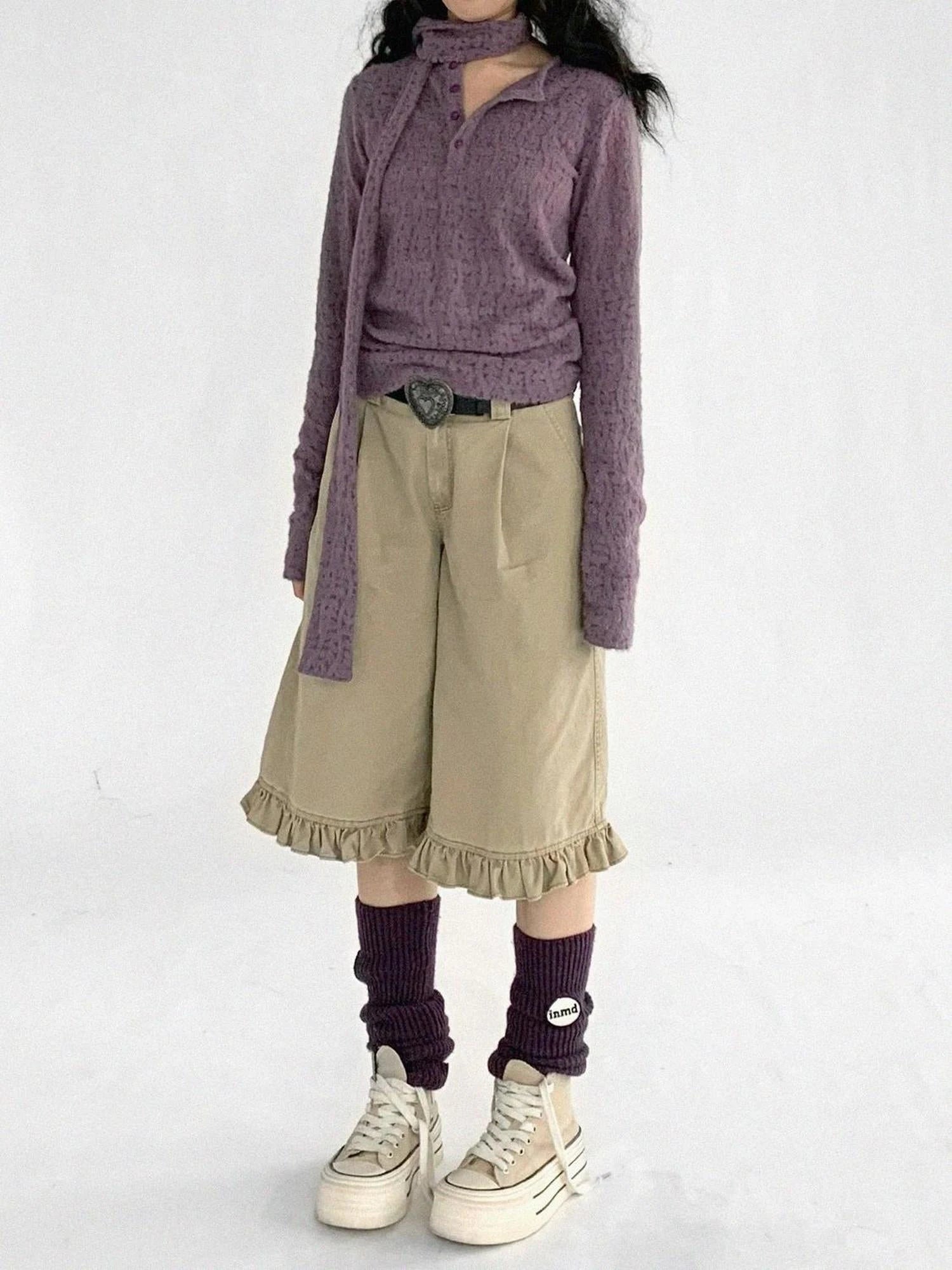 Furry Lace Thermal Long Sleeve Top With Scarf