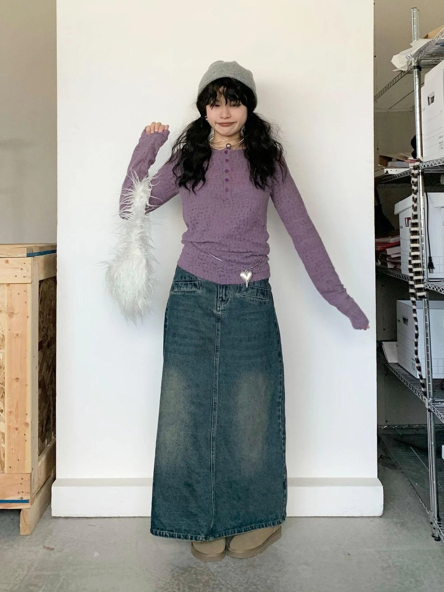 Furry Lace Thermal Long Sleeve Top With Scarf