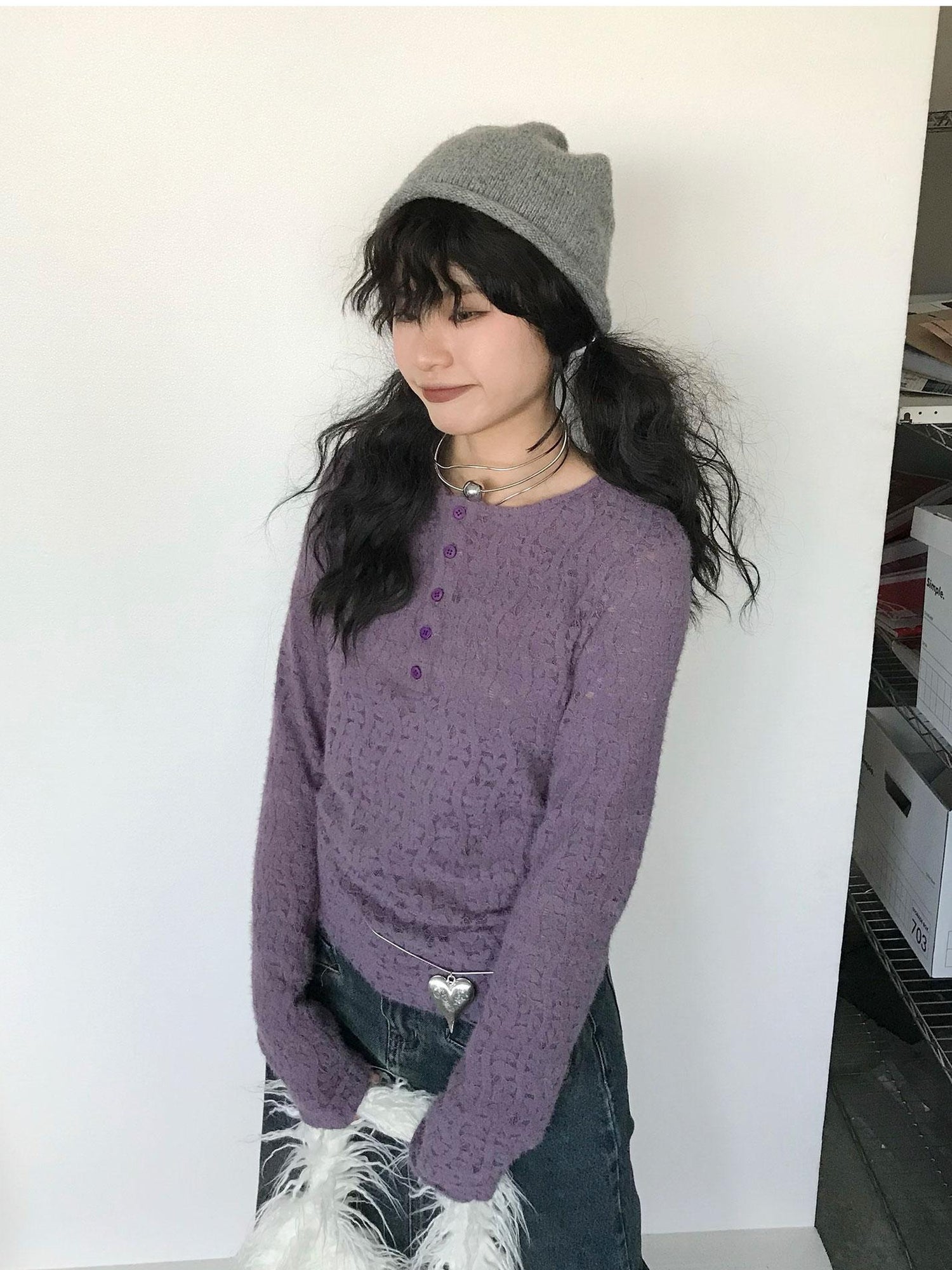 innomoood Furry Lace Thermal Long Sleeve Top With Scarf