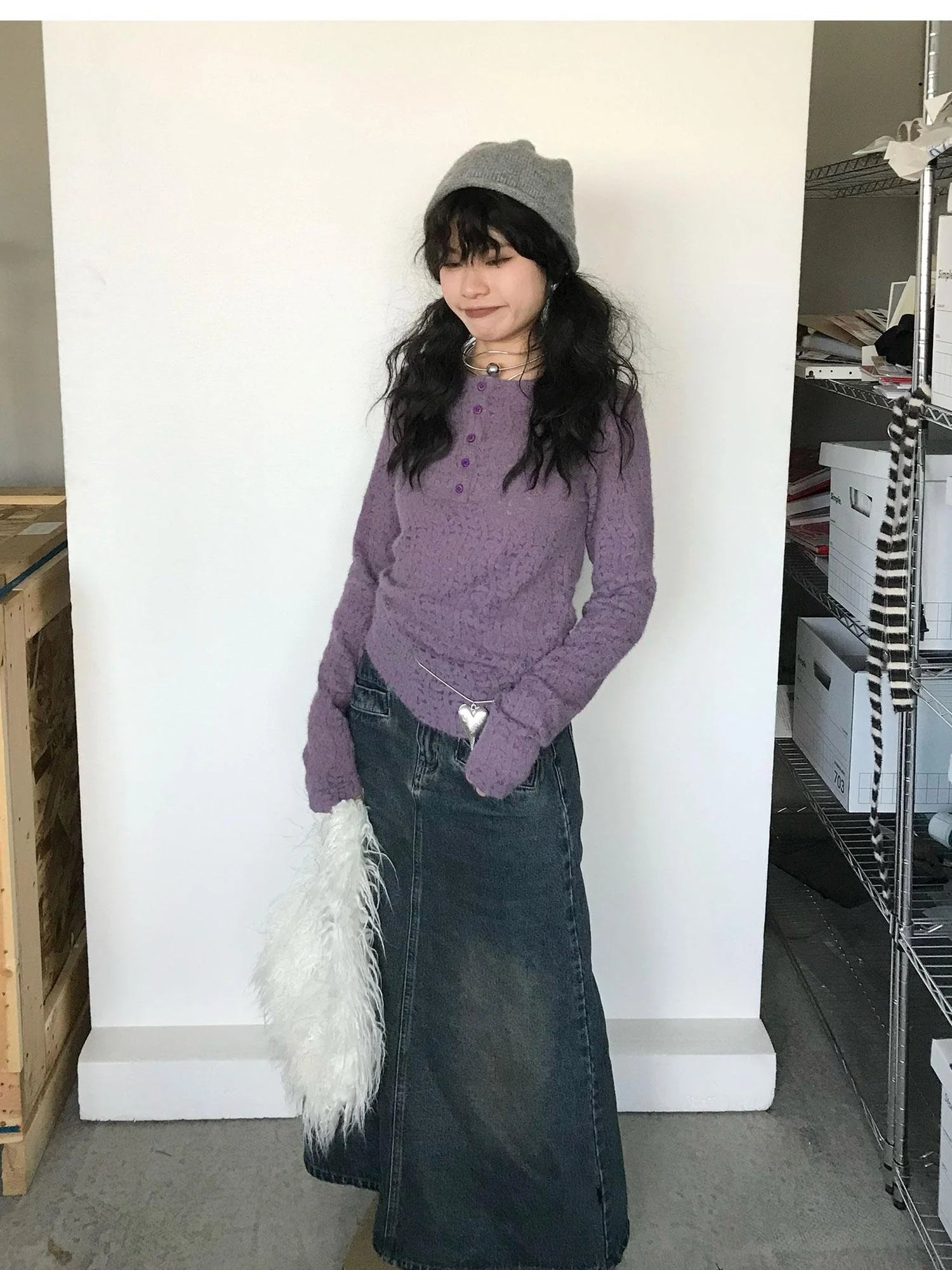 Furry Lace Thermal Long Sleeve Top With Scarf