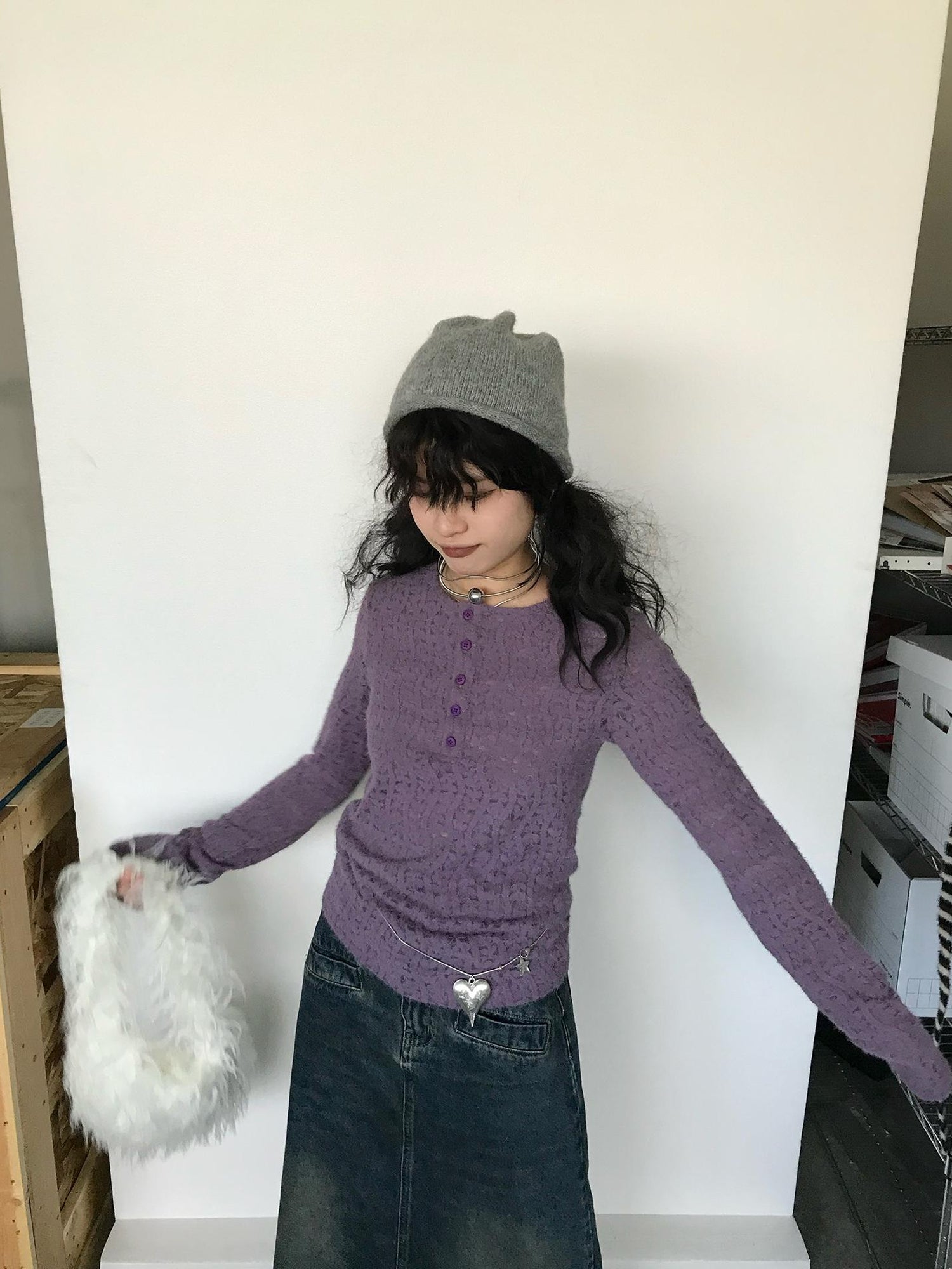 innomoood Furry Lace Thermal Long Sleeve Top With Scarf