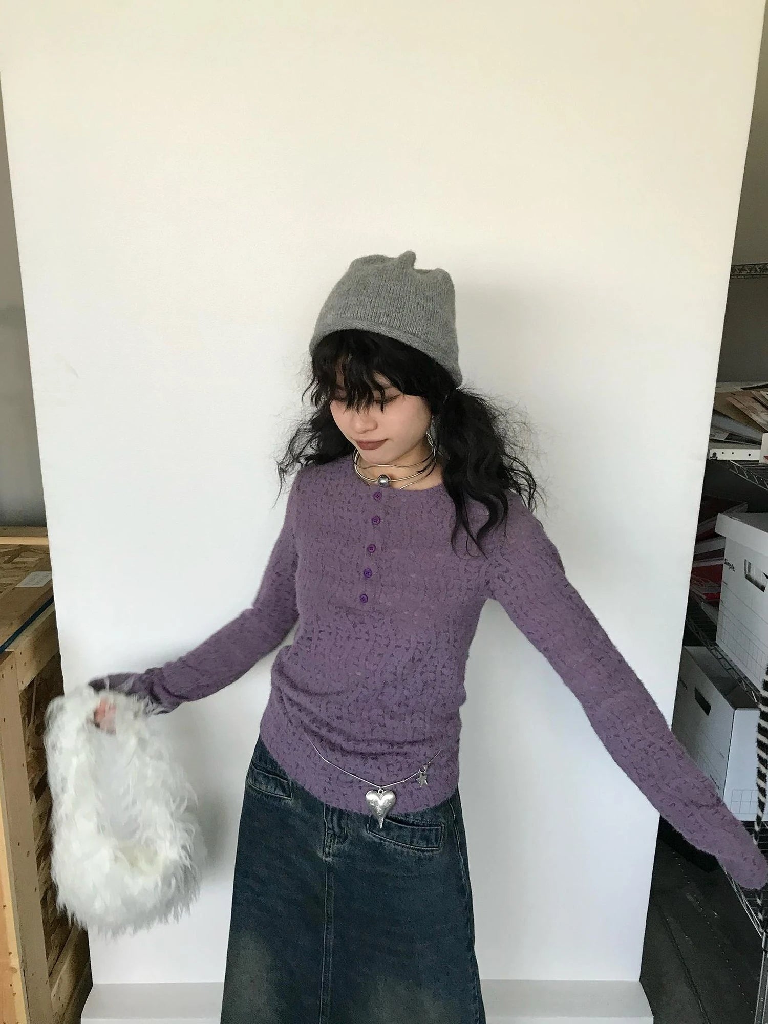 Furry Lace Thermal Long Sleeve Top With Scarf