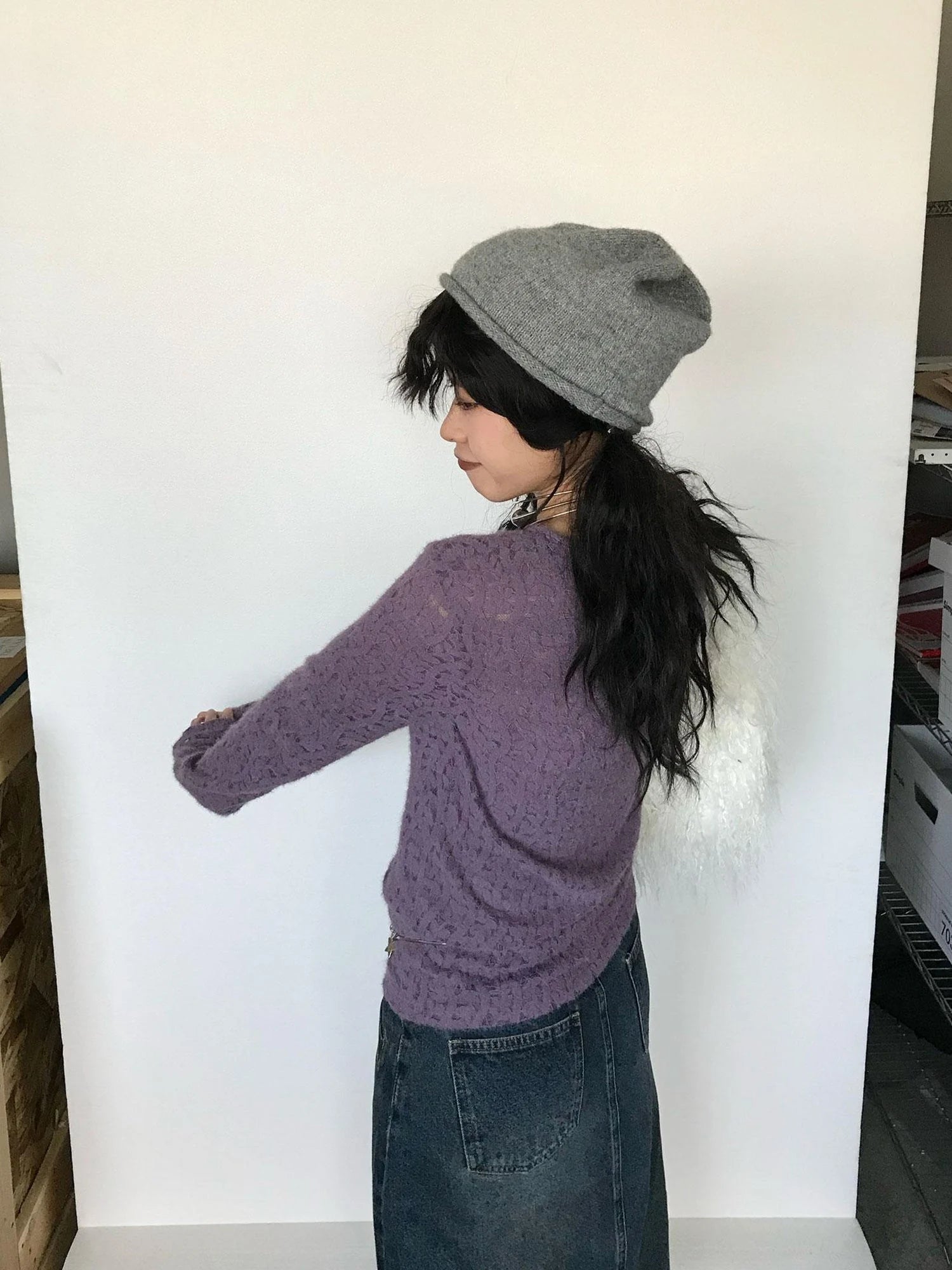 Furry Lace Thermal Long Sleeve Top With Scarf