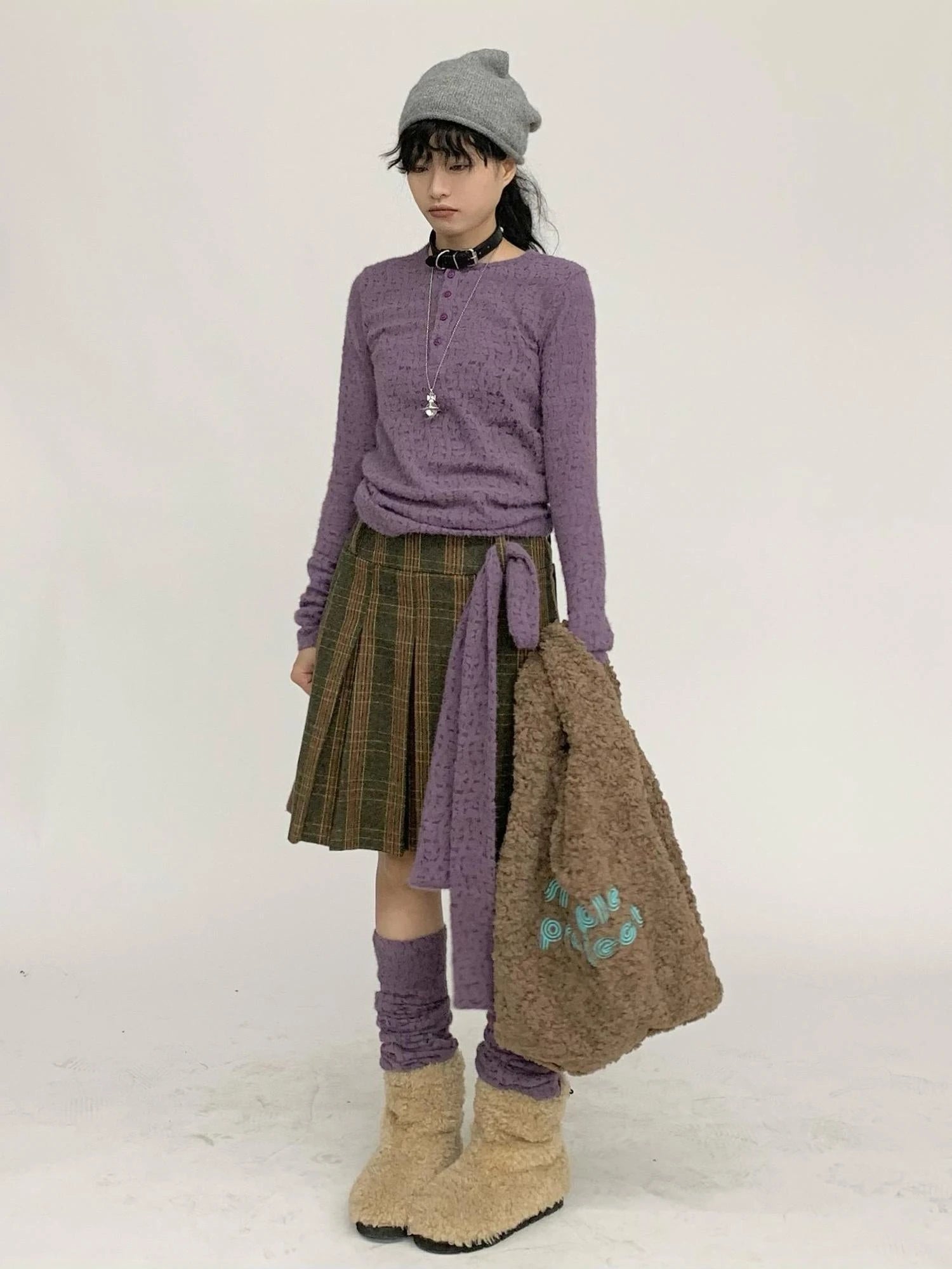 Furry Lace Thermal Long Sleeve Top With Scarf