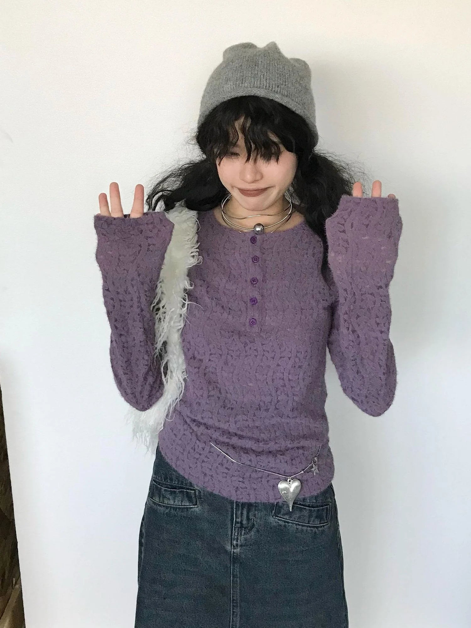 Furry Lace Thermal Long Sleeve Top With Scarf