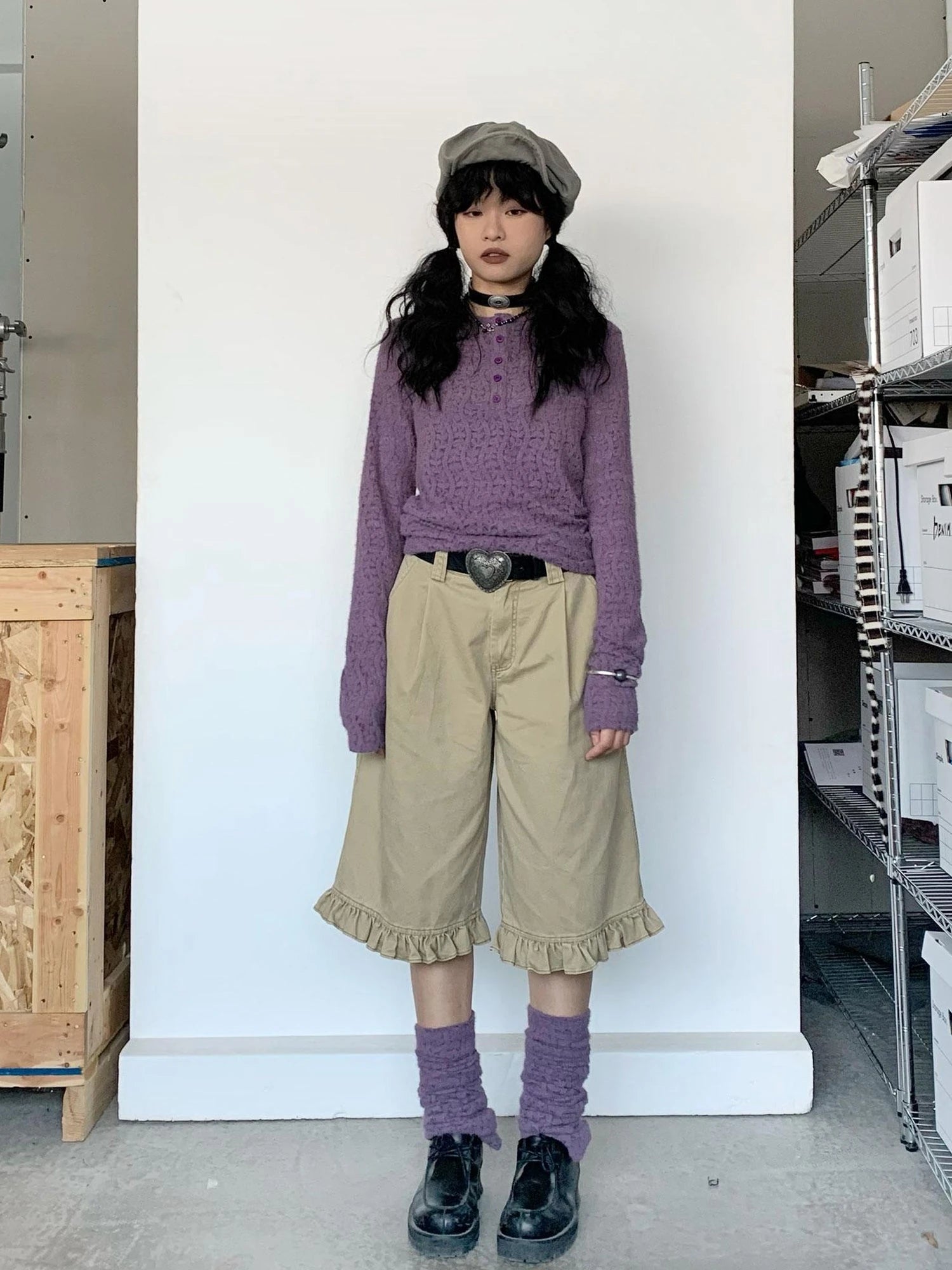 Furry Lace Thermal Long Sleeve Top With Scarf