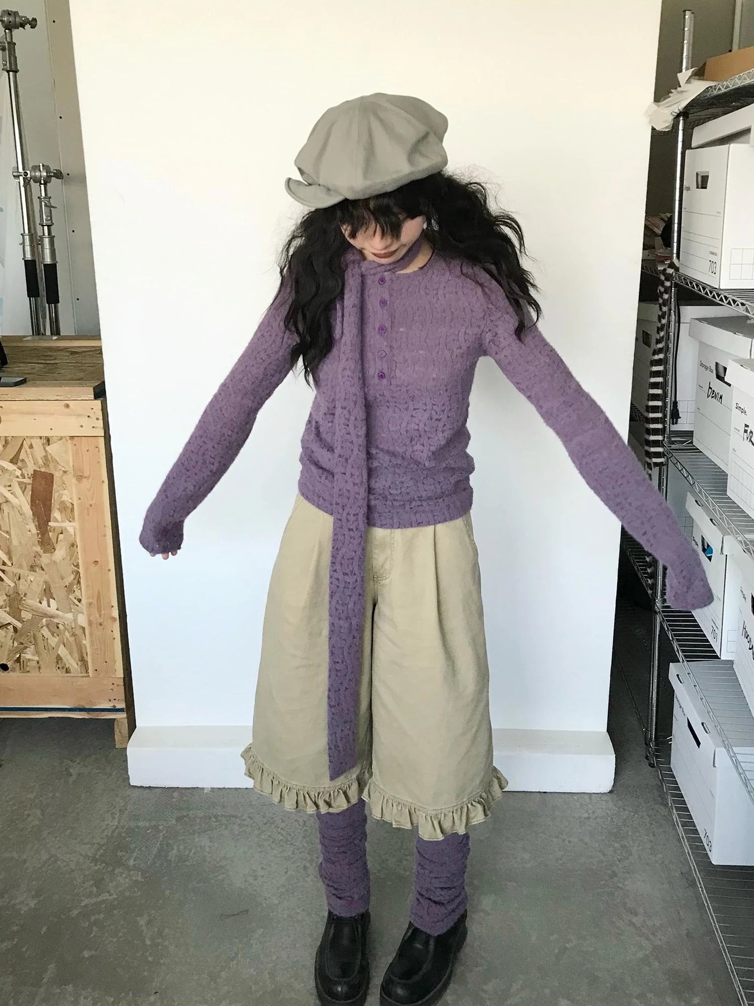 Furry Lace Thermal Long Sleeve Top With Scarf