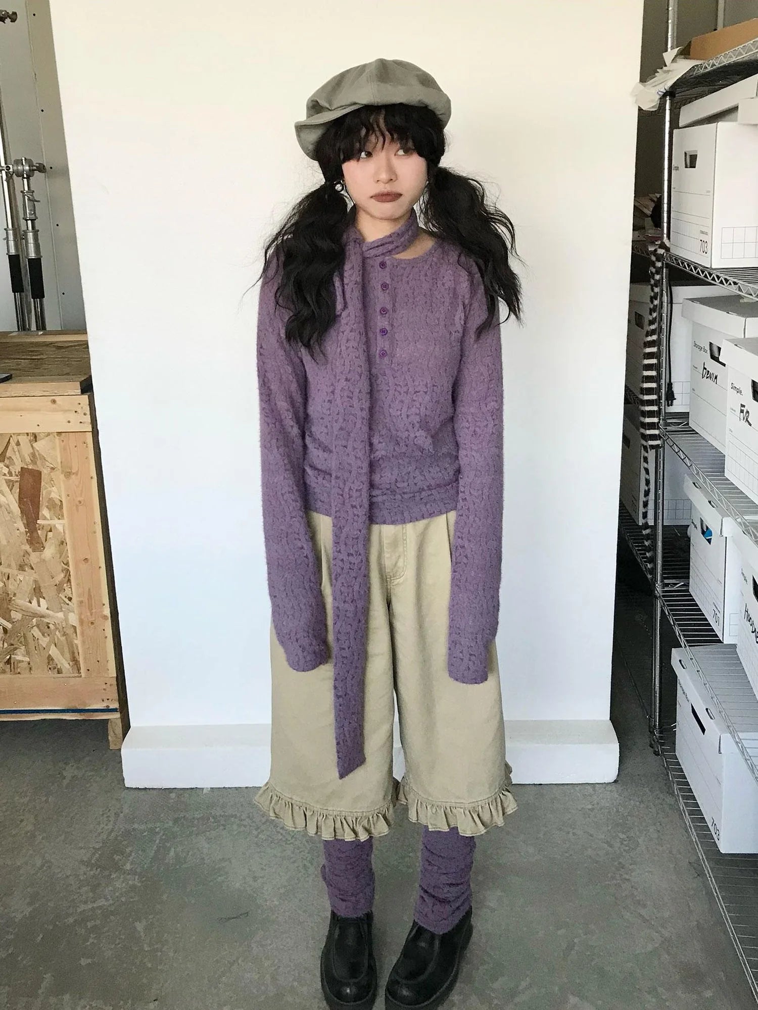 Furry Lace Thermal Long Sleeve Top With Scarf