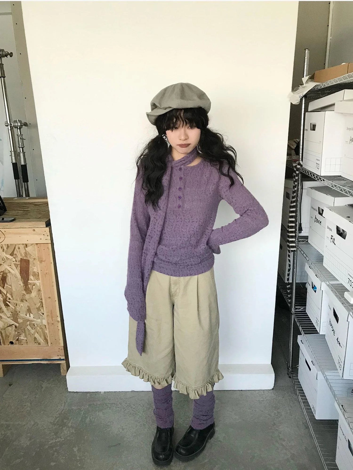 Furry Lace Thermal Long Sleeve Top With Scarf