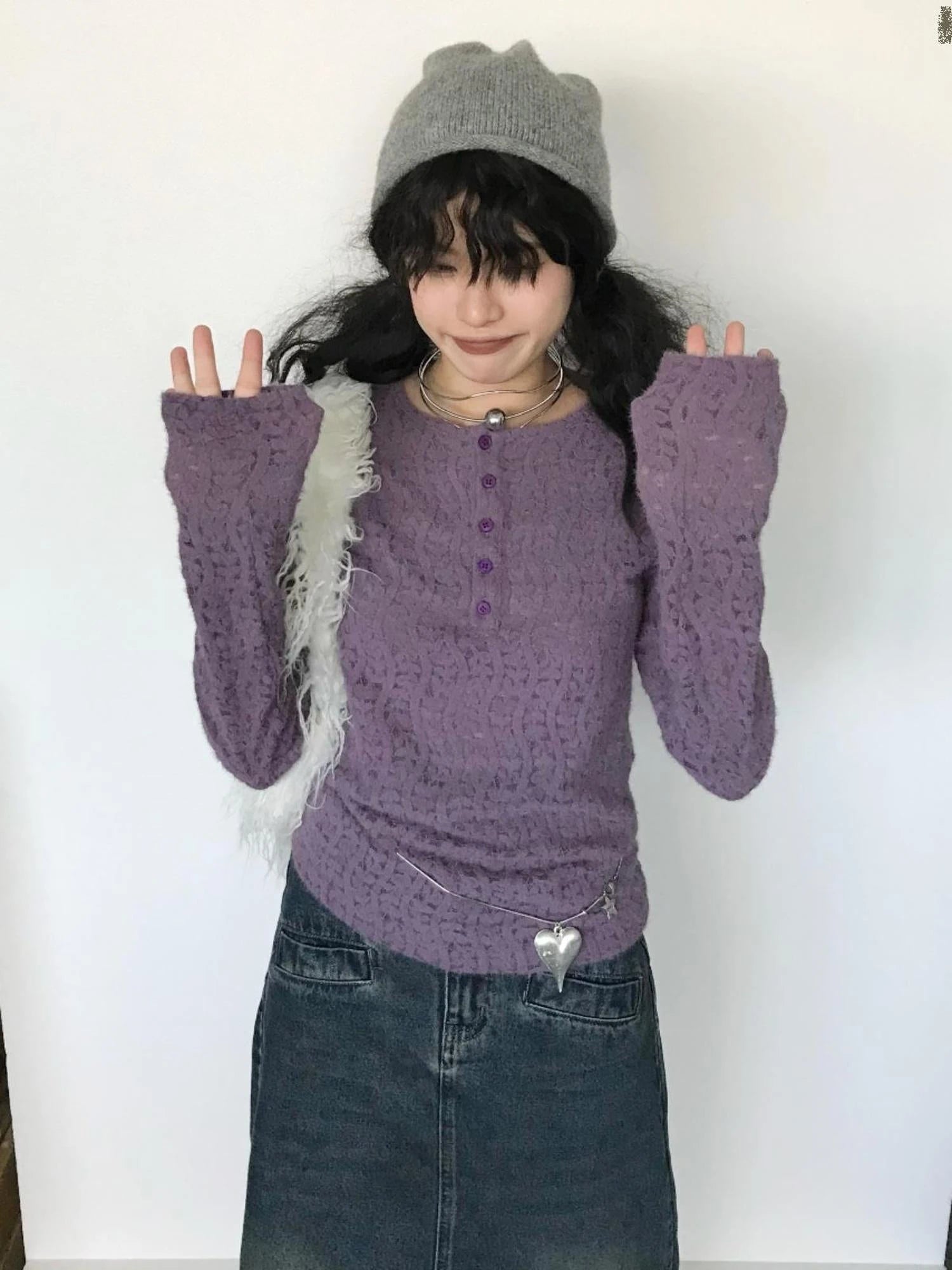 Furry Lace Thermal Long Sleeve Top With Scarf