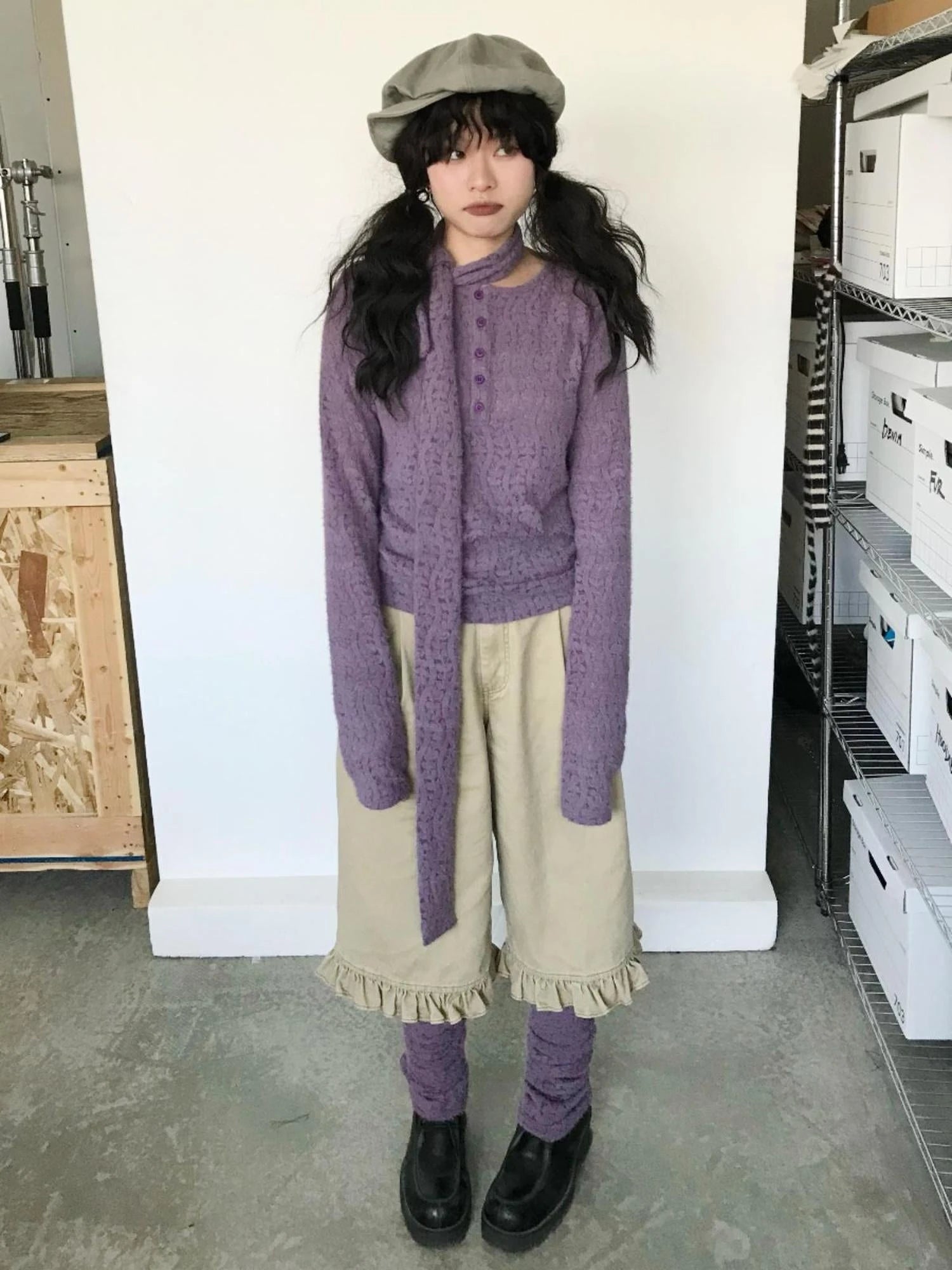 Furry Lace Thermal Long Sleeve Top With Scarf