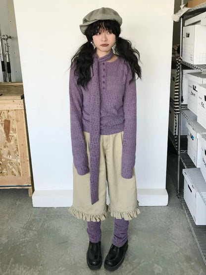 Furry Lace Thermal Long Sleeve Top With Scarf