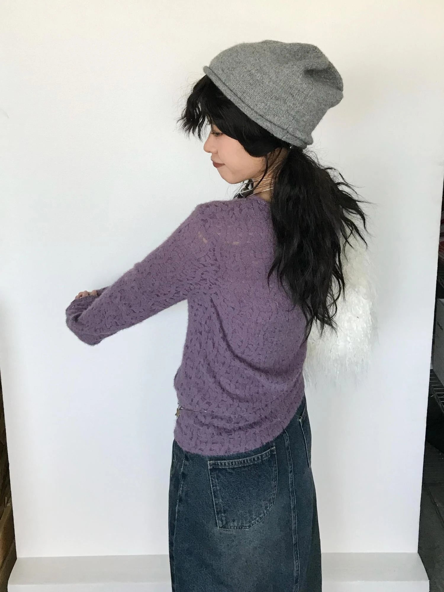 Furry Lace Thermal Long Sleeve Top With Scarf