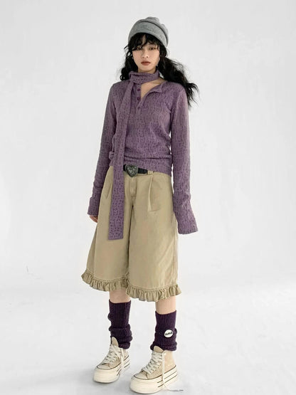 Furry Lace Thermal Long Sleeve Top With Scarf