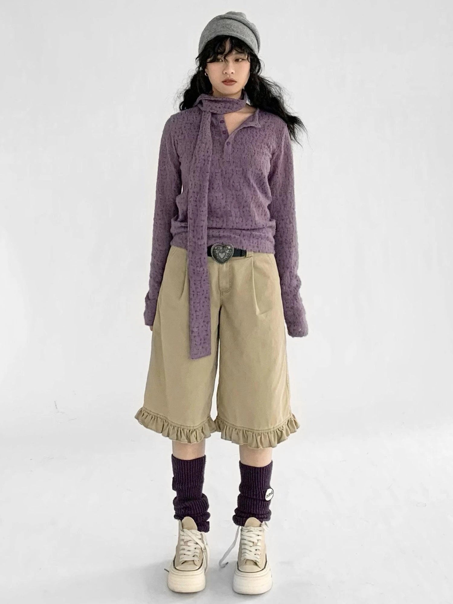 Furry Lace Thermal Long Sleeve Top With Scarf