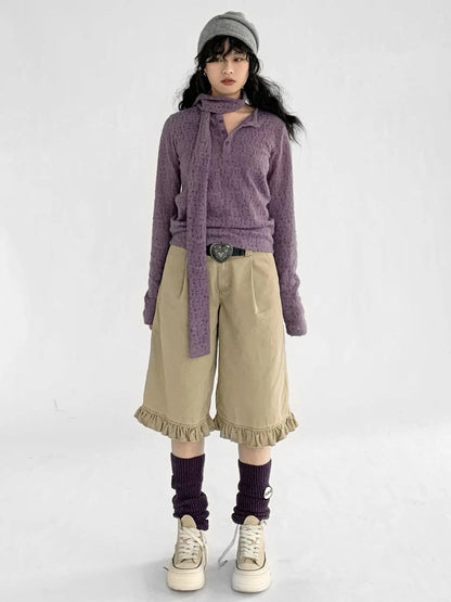 Furry Lace Thermal Long Sleeve Top With Scarf