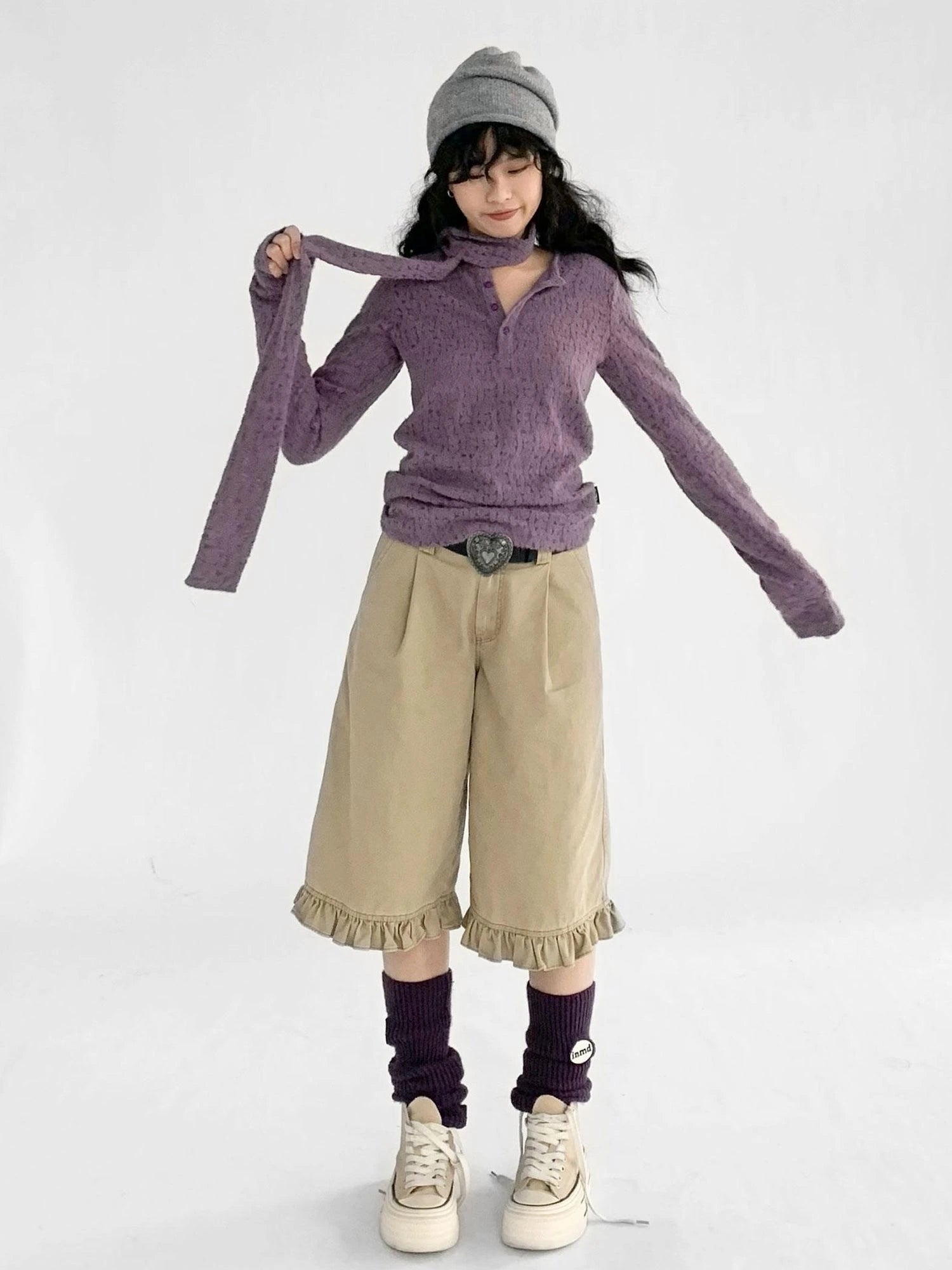 Furry Lace Thermal Long Sleeve Top With Scarf