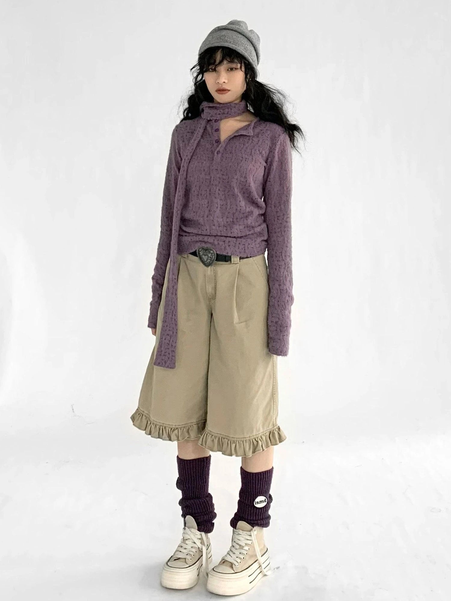 Furry Lace Thermal Long Sleeve Top With Scarf