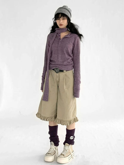 Furry Lace Thermal Long Sleeve Top With Scarf