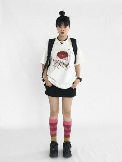 Galaxy Apple Lace Print Tee V-neck T-shirt Long Sleeve