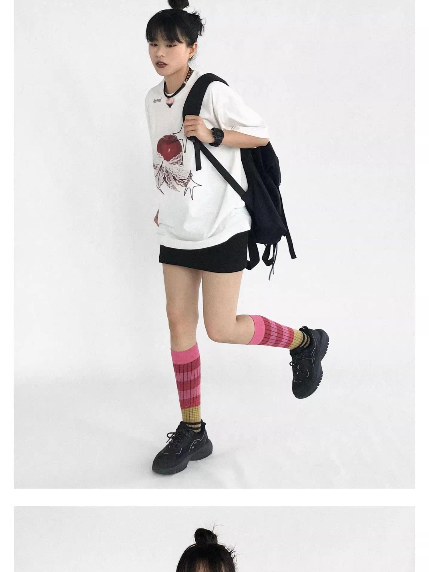 Galaxy Apple Lace Print Tee V-neck T-shirt Long Sleeve