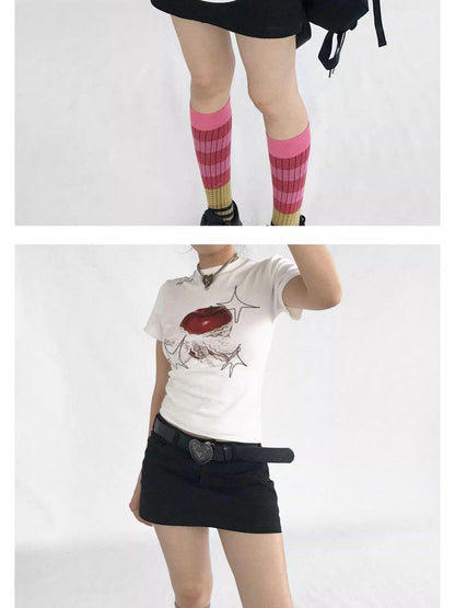 Galaxy Apple Lace Print Tee V-neck T-shirt Long Sleeve