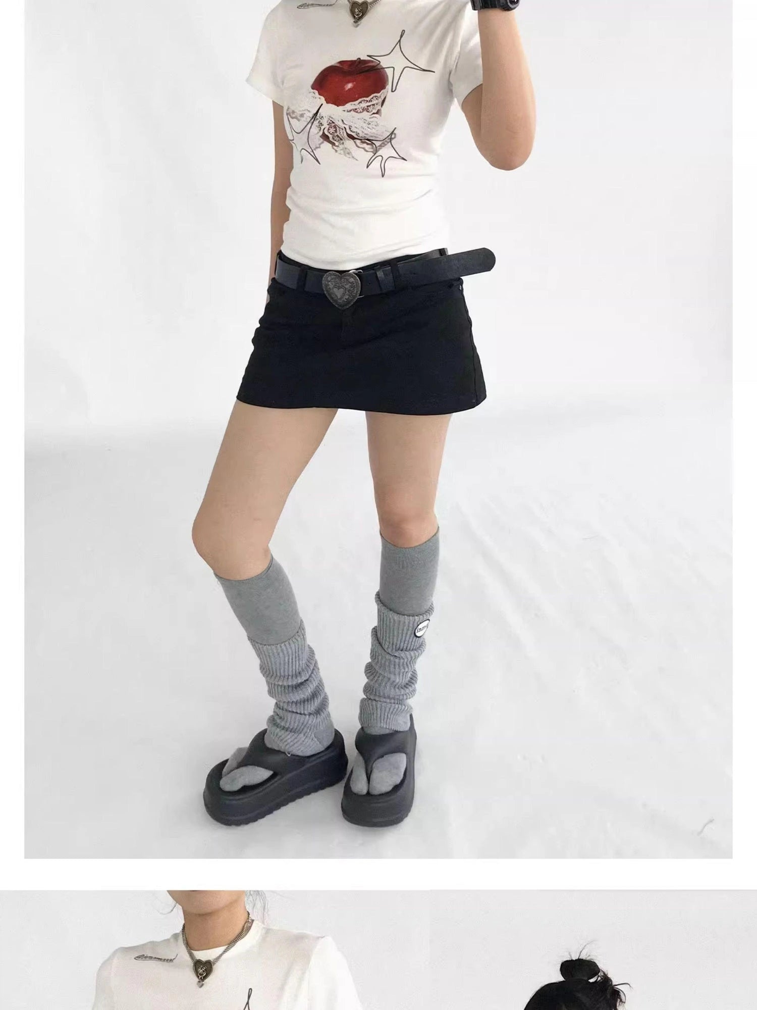 Galaxy Apple Lace Print Tee V-neck T-shirt Long Sleeve