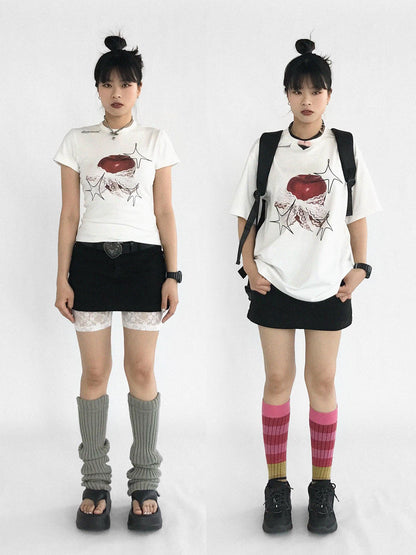 innomoood Galaxy Apple Lace Print Tee V-neck T-shirt Long Sleeve