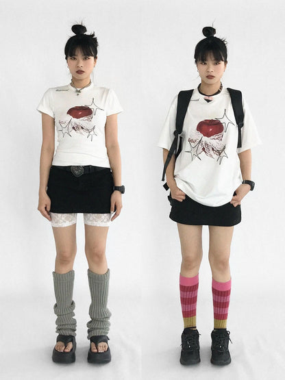 Galaxy Apple Lace Print Tee V-neck T-shirt Long Sleeve