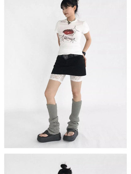 Galaxy Apple Lace Print Tee V-neck T-shirt Long Sleeve