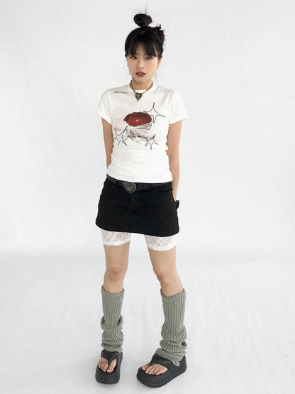 Galaxy Apple Lace Print Tee V-neck T-shirt Long Sleeve