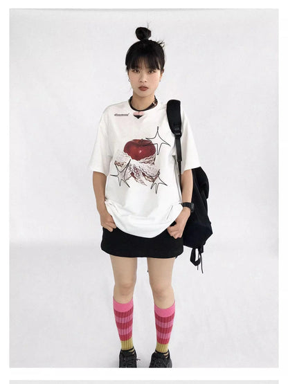 Galaxy Apple Lace Print Tee V-neck T-shirt Long Sleeve