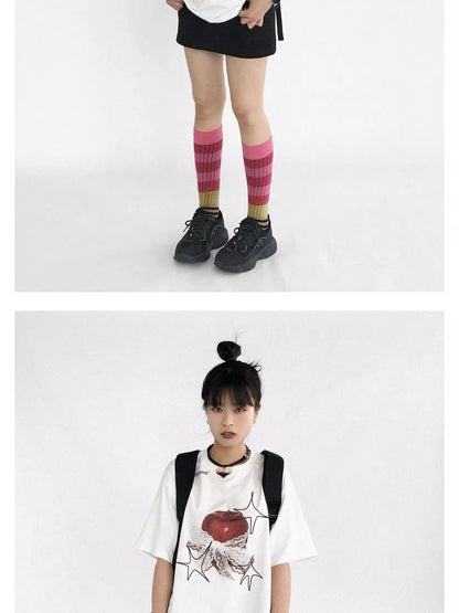 innomoood Galaxy Apple Lace Print Tee V-neck T-shirt Long Sleeve