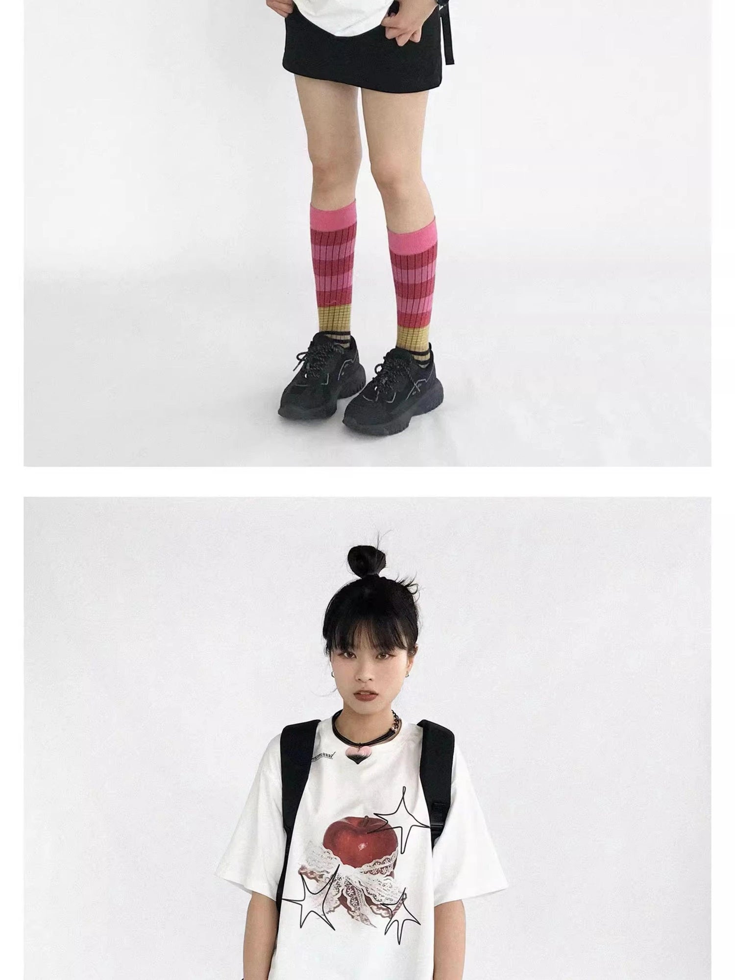 Galaxy Apple Lace Print Tee V-neck T-shirt Long Sleeve