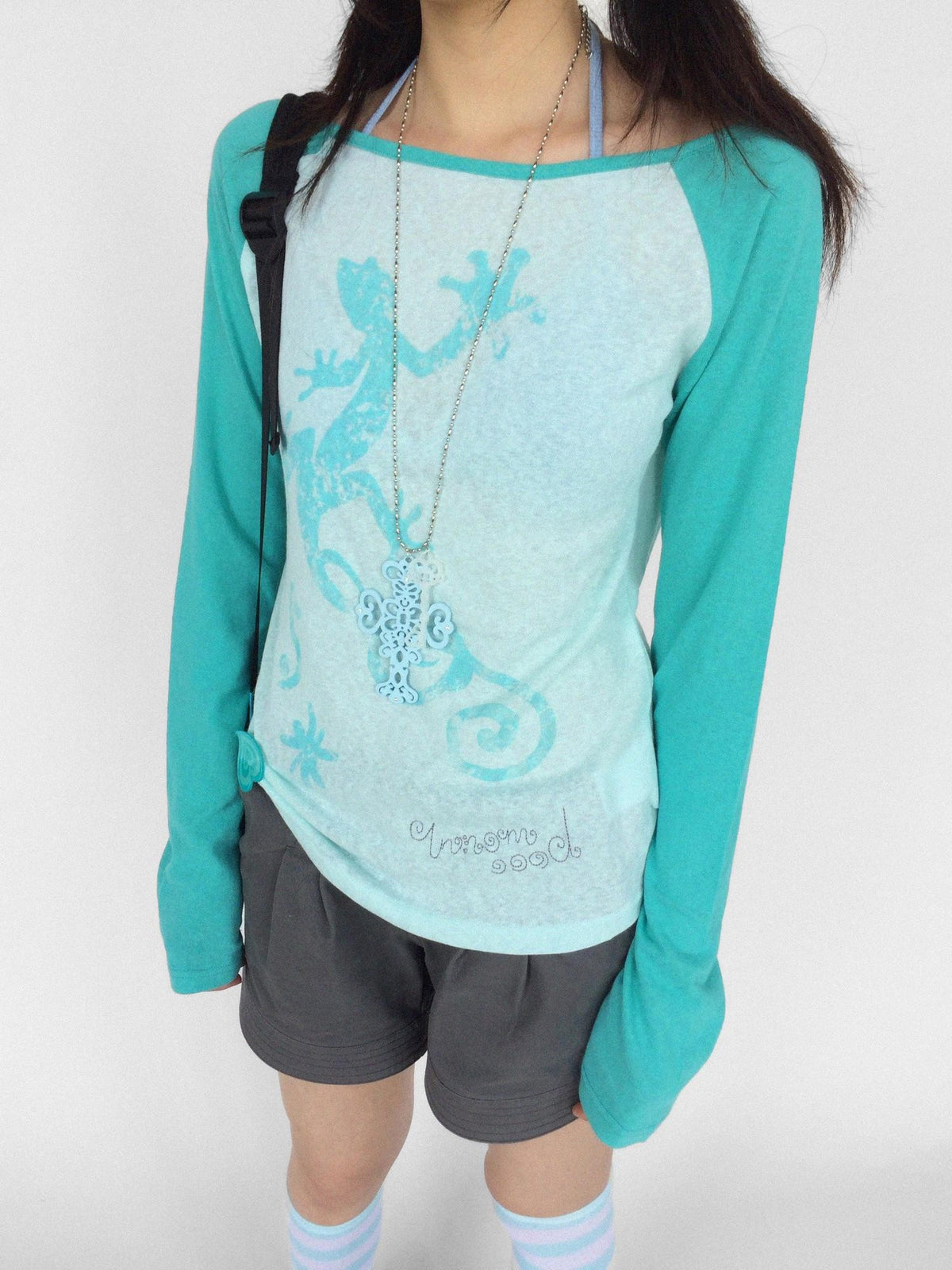 innomoood Gecko Print Color Block Raglan Sleeve Women&