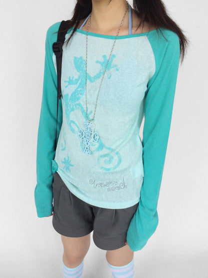 innomoood Gecko Print Color Block Raglan Sleeve Women&
