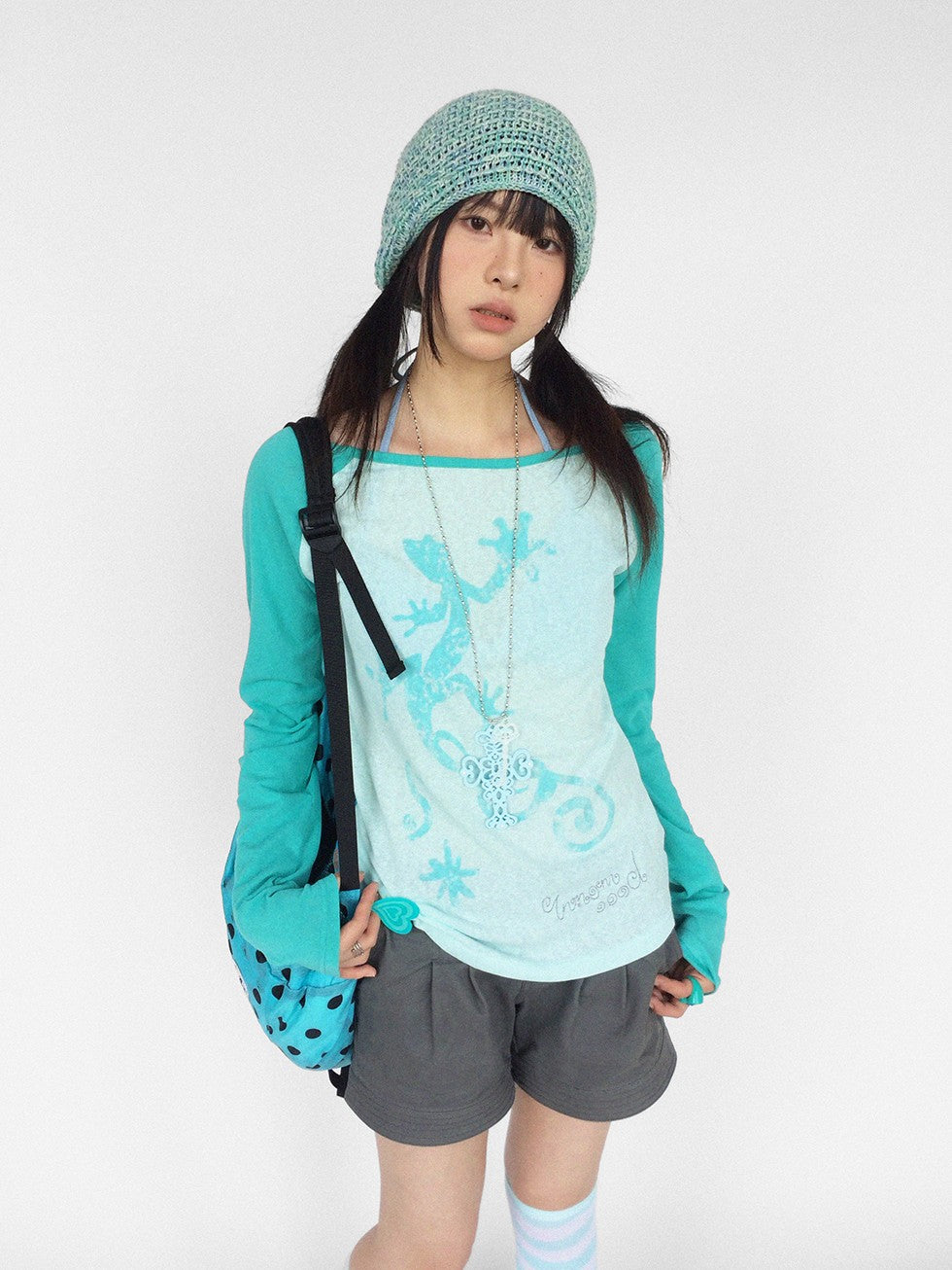 innomoood Gecko Print Color Block Raglan Sleeve Women&