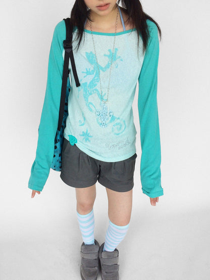 innomoood Gecko Print Color Block Raglan Sleeve Women&