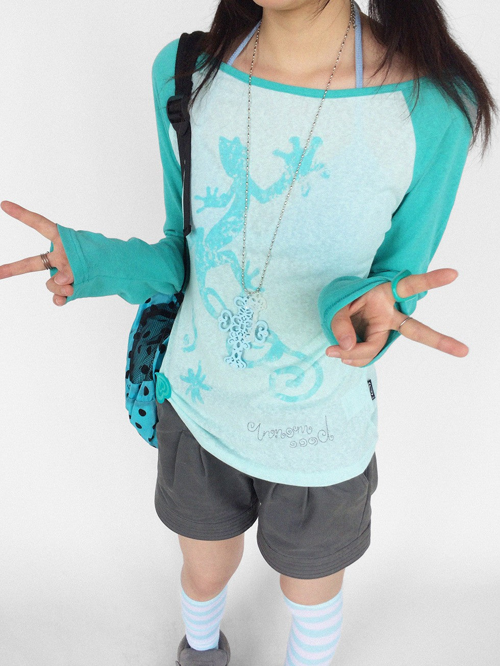 innomoood Gecko Print Color Block Raglan Sleeve Women&
