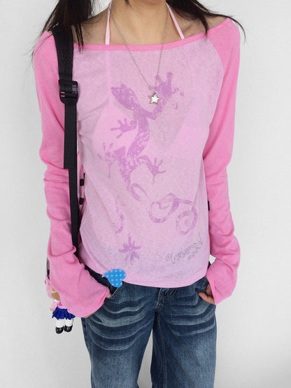 innomoood Gecko Print Color Block Raglan Sleeve Women&
