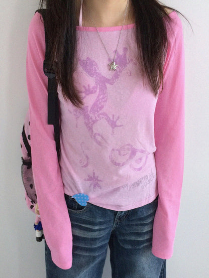 innomoood Gecko Print Color Block Raglan Sleeve Women&