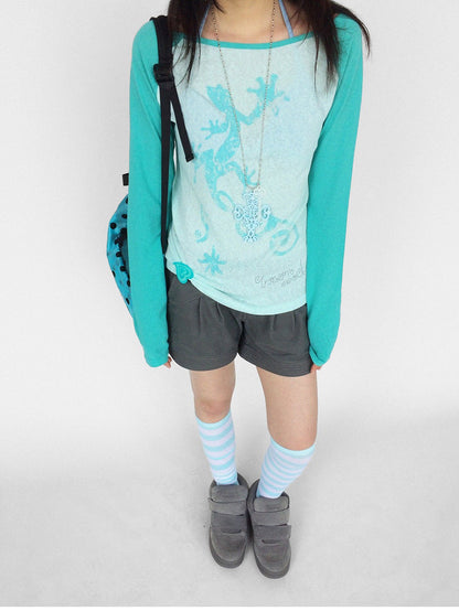 innomoood Gecko Print Color Block Raglan Sleeve Women&