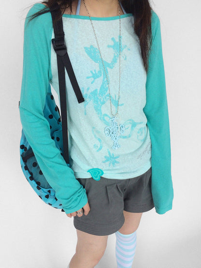 innomoood Gecko Print Color Block Raglan Sleeve Women&