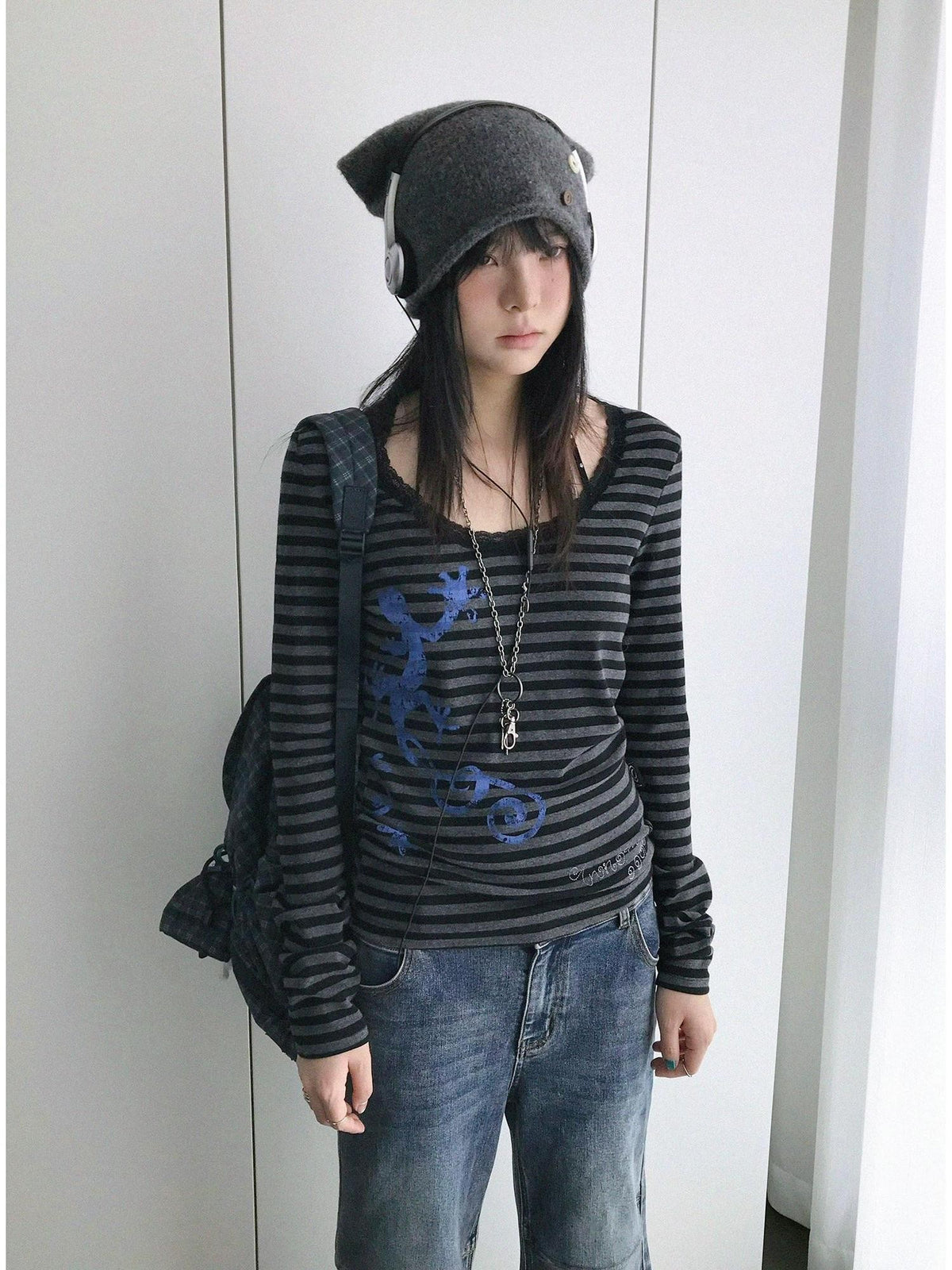 innomoood Gecko Print Striped Lace Square Neck Slim Fit Women&