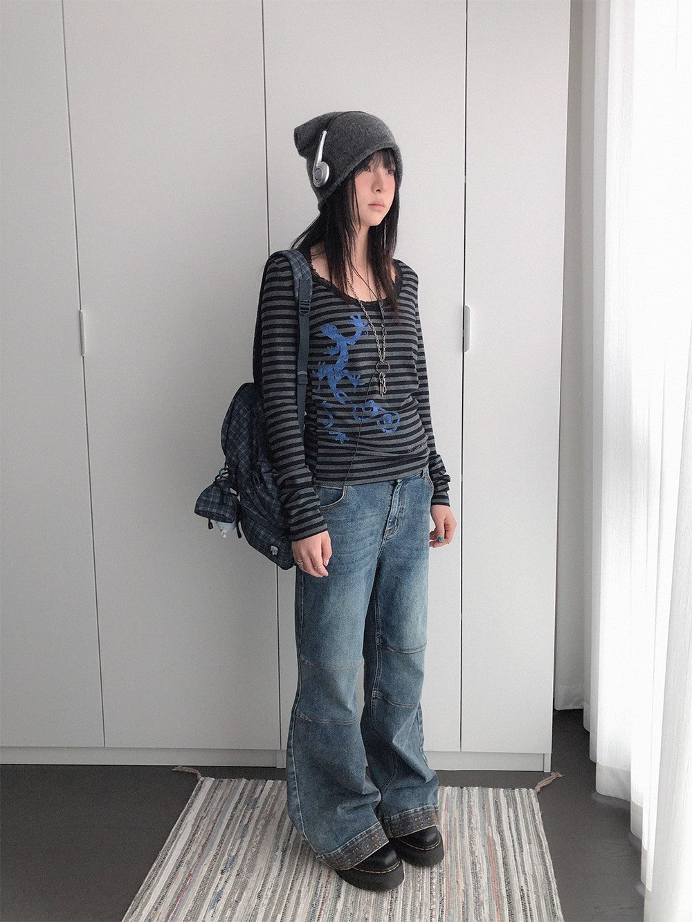 innomoood Gecko Print Striped Lace Square Neck Slim Fit Women&