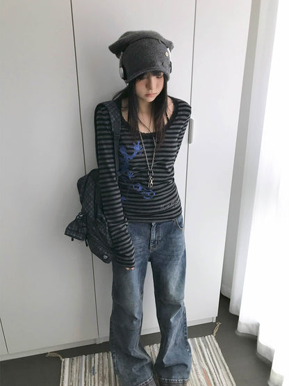 innomoood Gecko Print Striped Lace Square Neck Slim Fit Women&