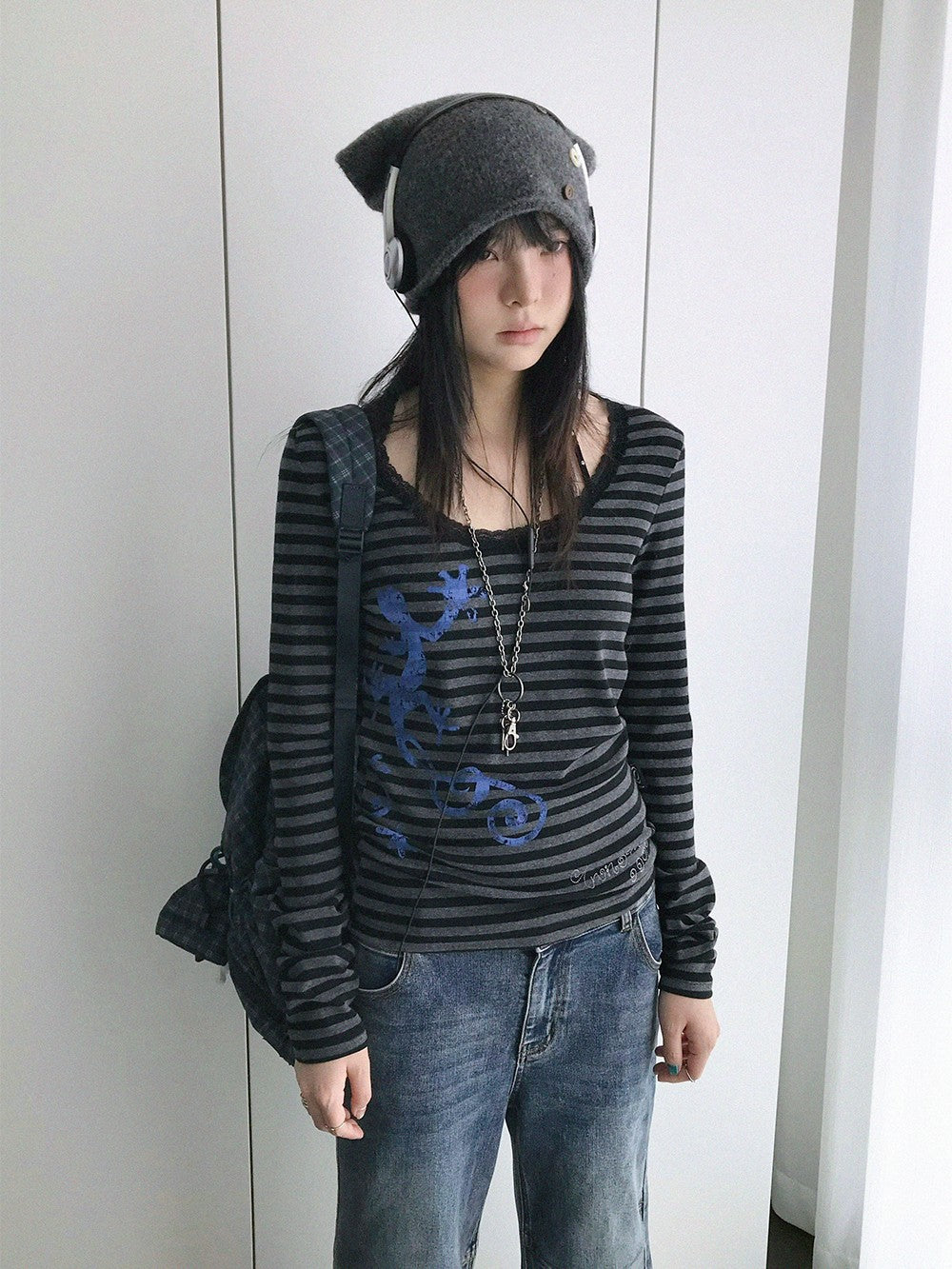 innomoood Gecko Print Striped Lace Square Neck Slim Fit Women&