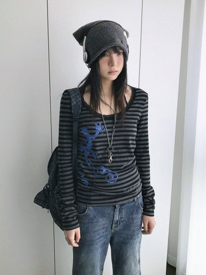 innomoood Gecko Print Striped Lace Square Neck Slim Fit Women&