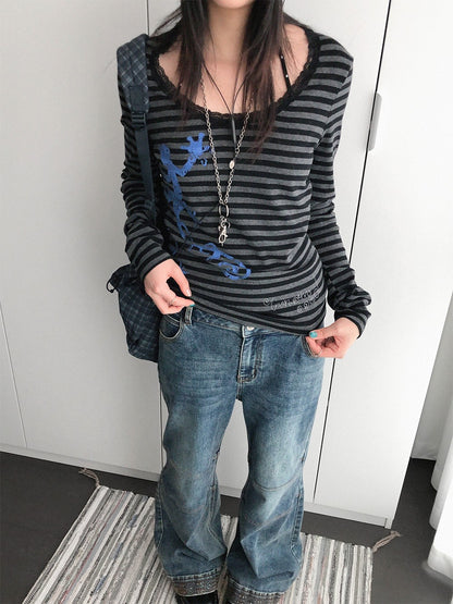 innomoood Gecko Print Striped Lace Square Neck Slim Fit Women&