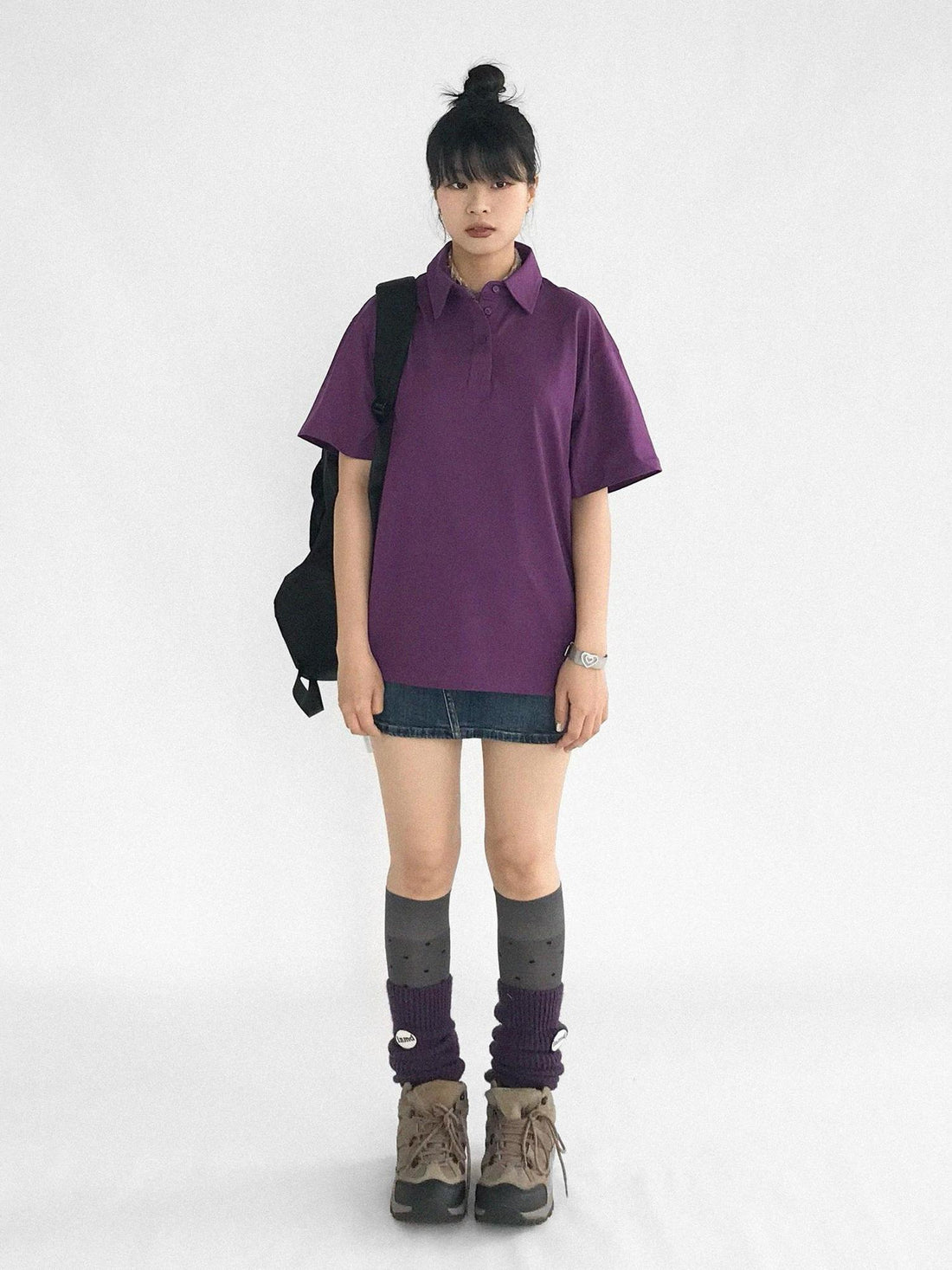 innomoood Geometric Moth Watermark Polo Shirt Grape Purple